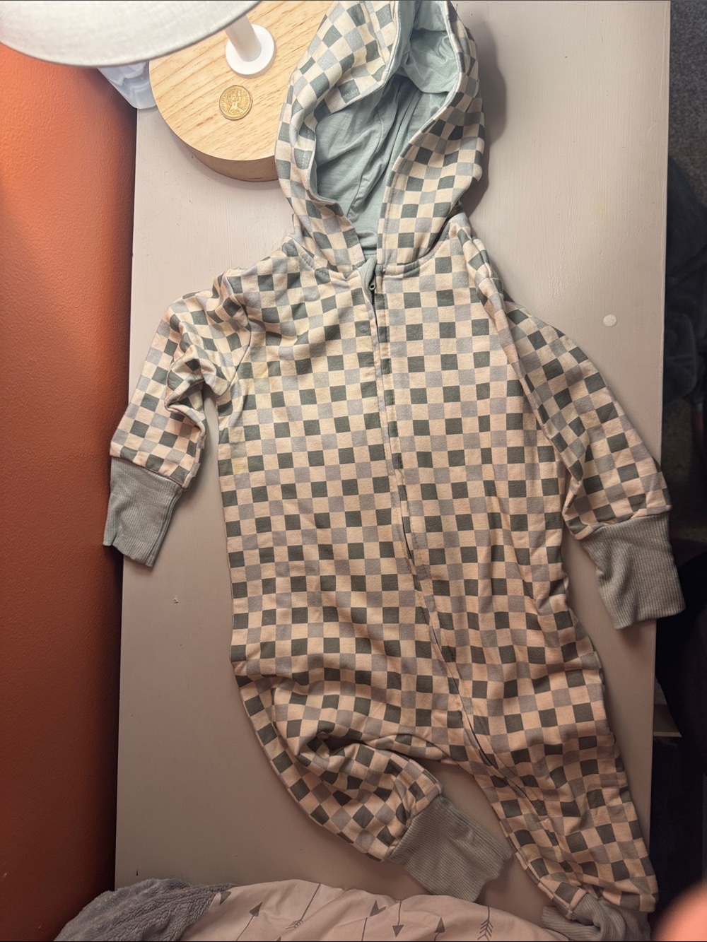 Baby Sprouts Checkered Hooded Baby Romper in Light Blue and Cream
